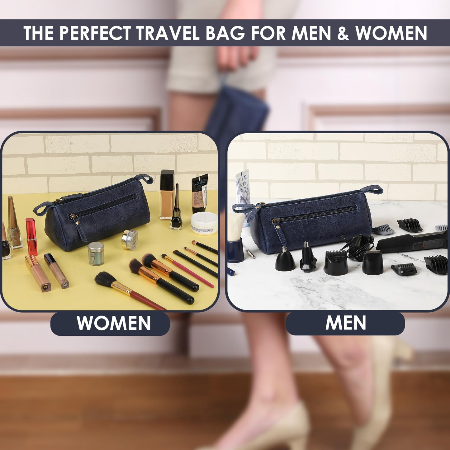 TheAntiq Leather Cosmetic Bags For Men and Women Travel Set HandCrafted Leather Makeup Bag, Small Toiletry Bag, Makeup Essentials Organiser Mini Cosmetic Pouch For Purse Dopp Kit