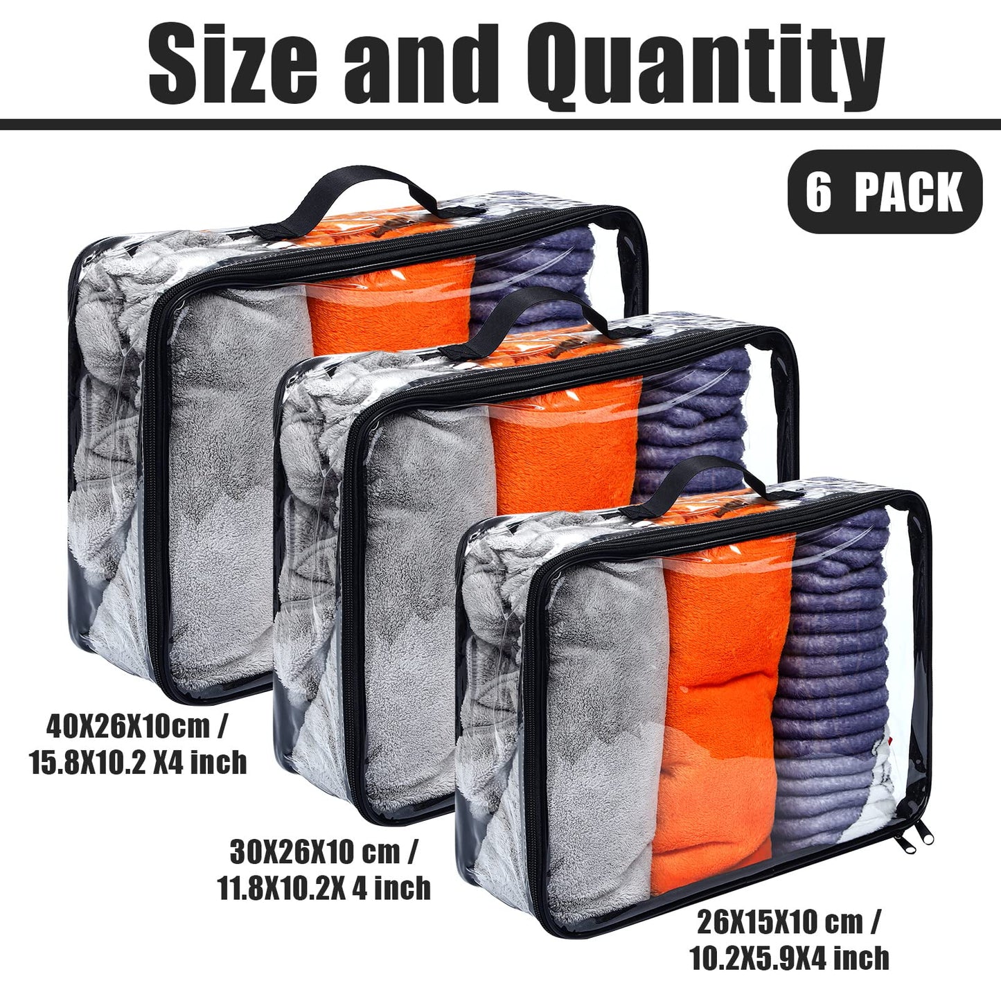 Hillban 6 Pcs Black Large Clear Travel Packing Cube 3 Sizes See Through PVC Organizer for Suitcase Multipurpose Pouch with Handle Vinyl Zippered Storage Bags Luggage Cube Organizer