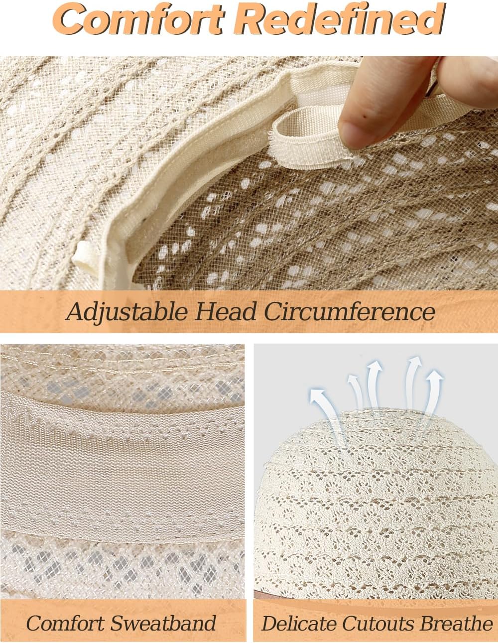 Sun Hat Womens, Beach Wide Brim Hats for Women, Summer Floppy Packable Lace Sun Beach Sunhat Women Foldable Beige