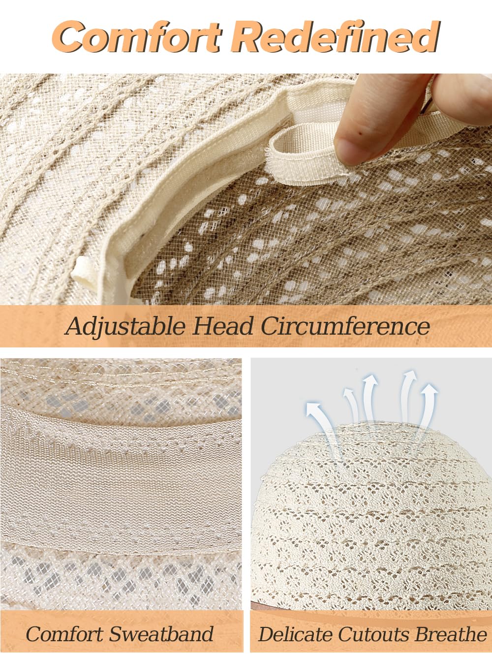 Sun Hat Womens, Beach Wide Brim Hats for Women, Summer Floppy Packable Lace Sun Beach Sunhat Women Foldable Beige