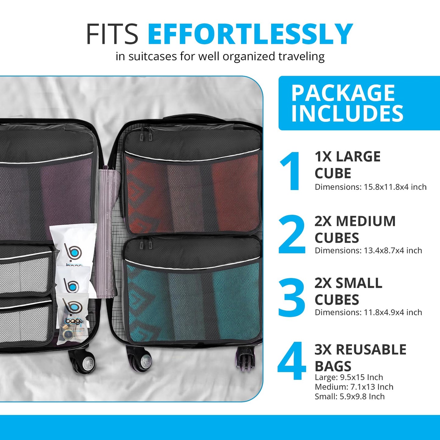 bago 8 Pcs Packing Cubes for Travel - 5 Travel Packing Cubes for Suitcases with 3 ZipLock Bags, Luggage Organizer Bags to Get Maximum Storage, Save Time & Effort to Pack (Black Blue Purple Green Pink)