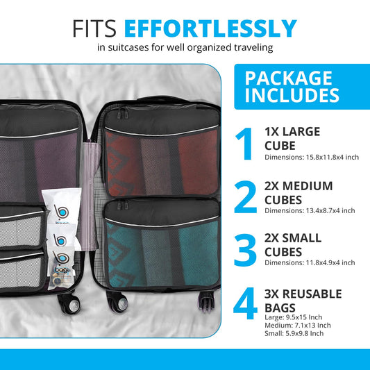 bago 8 Pcs Packing Cubes for Travel - 5 Travel Packing Cubes for Suitcases with 3 ZipLock Bags, Luggage Organizer Bags to Get Maximum Storage, Save Time & Effort to Pack (Black Blue Purple Green Pink)