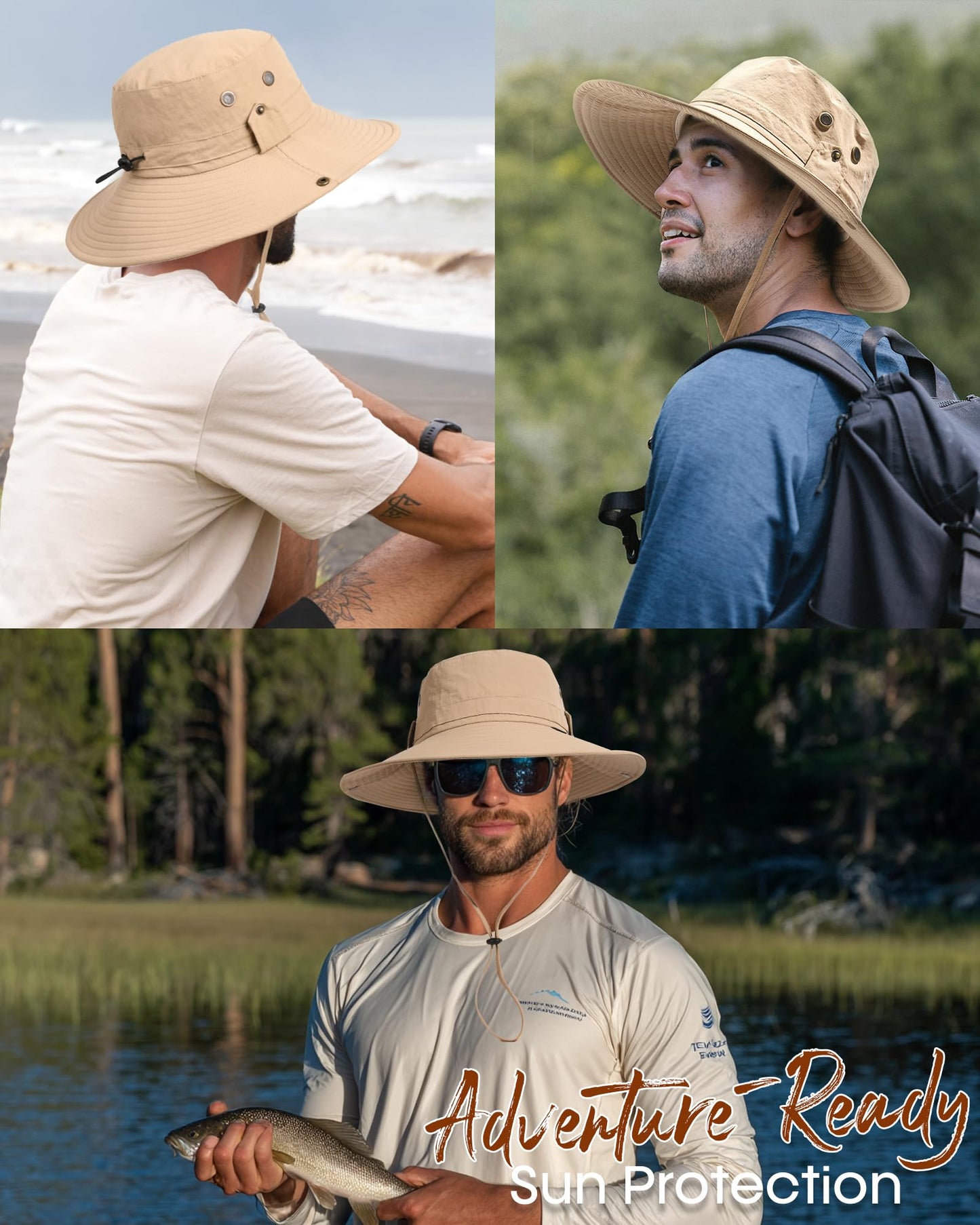 FURTALK Sun Hats for Men Fishing Hat UPF 80+ Foldable Wide Brim Outdoor Hiking Beach Summer Hats Khaki