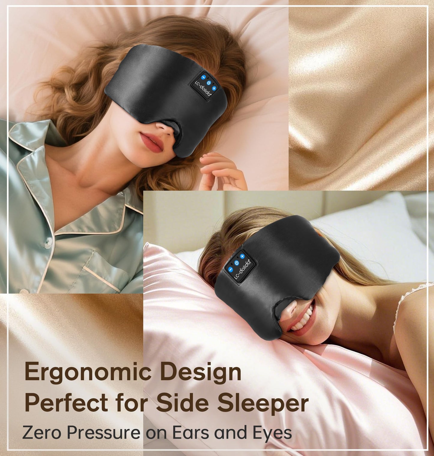 LC-dolida Luxurious Silk Soft Sleep Mask, Sleep Headphones with Bluetooth 5.4 for Side Sleeper, Total Blackout Eye Sleeping Mask for Women and Men, Ideal Gift for Restful Sleep, Travel(Black)