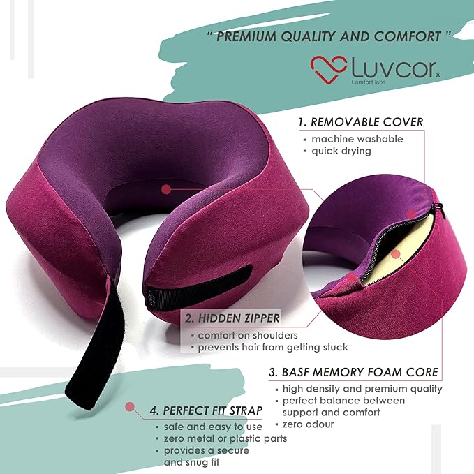 Premium Quality Memory Foam Travel Neck Pillow Bundle - Best Ergonomic Pillow for Airplane Travel, car Ride, Sleeping. Comes with Eye mask, earplugs and Storage Bag. (Royal Pink)