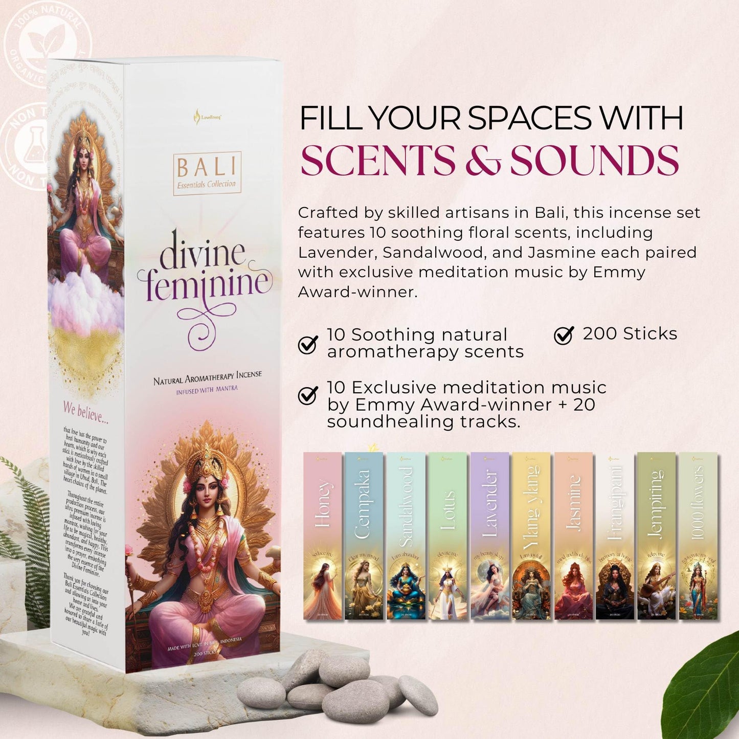 Divine Feminine Handmade Incense Sticks 10 Pack, Aromatherapy Sticks with Matching Music and Sound Bath, Home Fragrance Clean Burning Incense Collection for Meditation and Clarity, Made in Bali