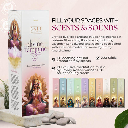 Divine Feminine Handmade Incense Sticks 10 Pack, Aromatherapy Sticks with Matching Music and Sound Bath, Home Fragrance Clean Burning Incense Collection for Meditation and Clarity, Made in Bali