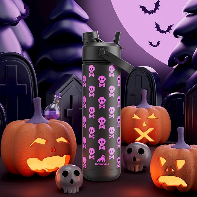 26 oz Halloween Insulated Water Bottle with 2-in-1 Straw and Spout Lid, Glow-in-the-Dark, 24H Cold, Leakproof, Fits in Car Cup Holder, Stainless Steel for Gift, Trip, Holiday, Sports (Deadly Cute)