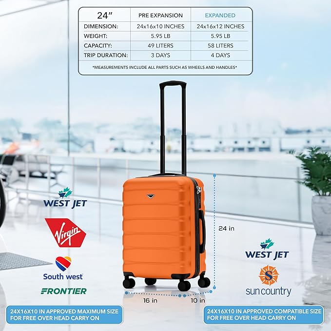 24x16x10 Expandable Carry On Suitcase Hardside TSA Lock USB C Lightweight Luggage Silent Double Spinner Wheels Maximum Overhead Carry-On Bag For Virgin & South West Approved Airlines