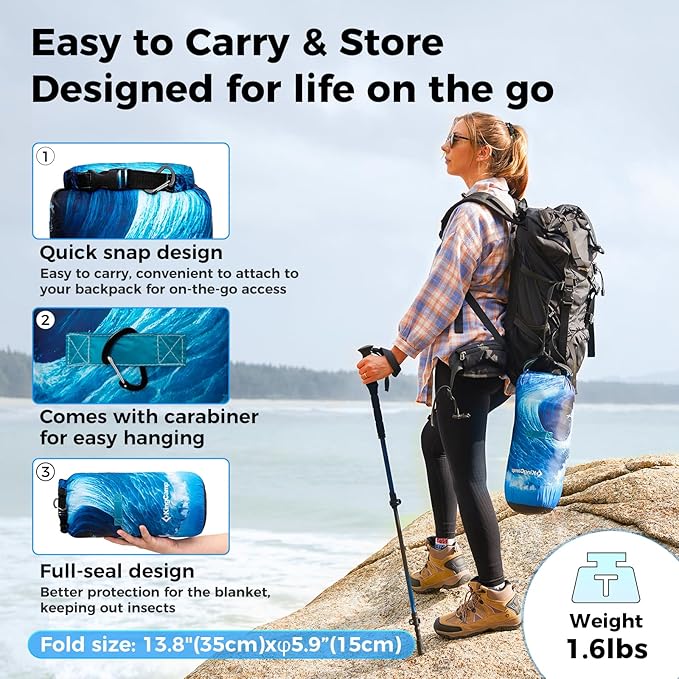 KingCamp Ultralight Camping Blanket, Packable Down Alternative Puffy Printed Wearable Blanket with Snap Buttons & Corner Loops Weatherproof Quilt for Outdoor Travel Stadium (79"L x 57"W SEAWAVE)