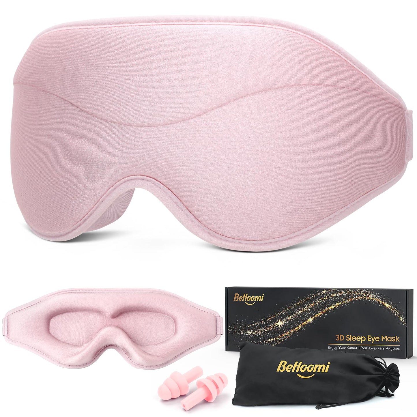 BeHoomi Sleep Mask, Premium Eye Mask for Sleeping, Total Blackout, Super Soft Comfort, Adjustable Fit, Upgraded 3D Ergonomic Designed Sleeping Mask for Home, Office, Travel, Meditation, Yoga, Pink
