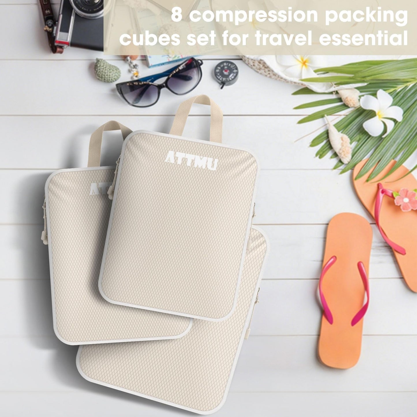 8 Set Compression Packing Cubes for Travel, Expandable Compression Cubes for Suitcases, Lightweight Suitcase Organizer with Shoes & Laundry Bags, Travel Accessories for Men Women (Beige)