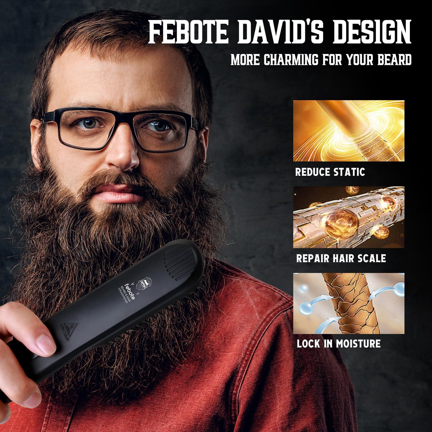 FEBOTE Heated Ionic Hair Straightening Brush for Men - 5 Temperature Settings, Anti-Scald, Beard Shaper & Travel Bag