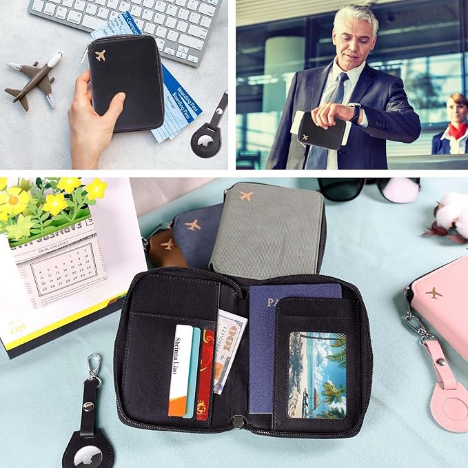 Cnycmy Passport Holder with Airtag,Passport-Wallet-Holder for Women, RFID Passport Holder with Slot Waterproof, PU Leather Travel Passport Case (Black3)