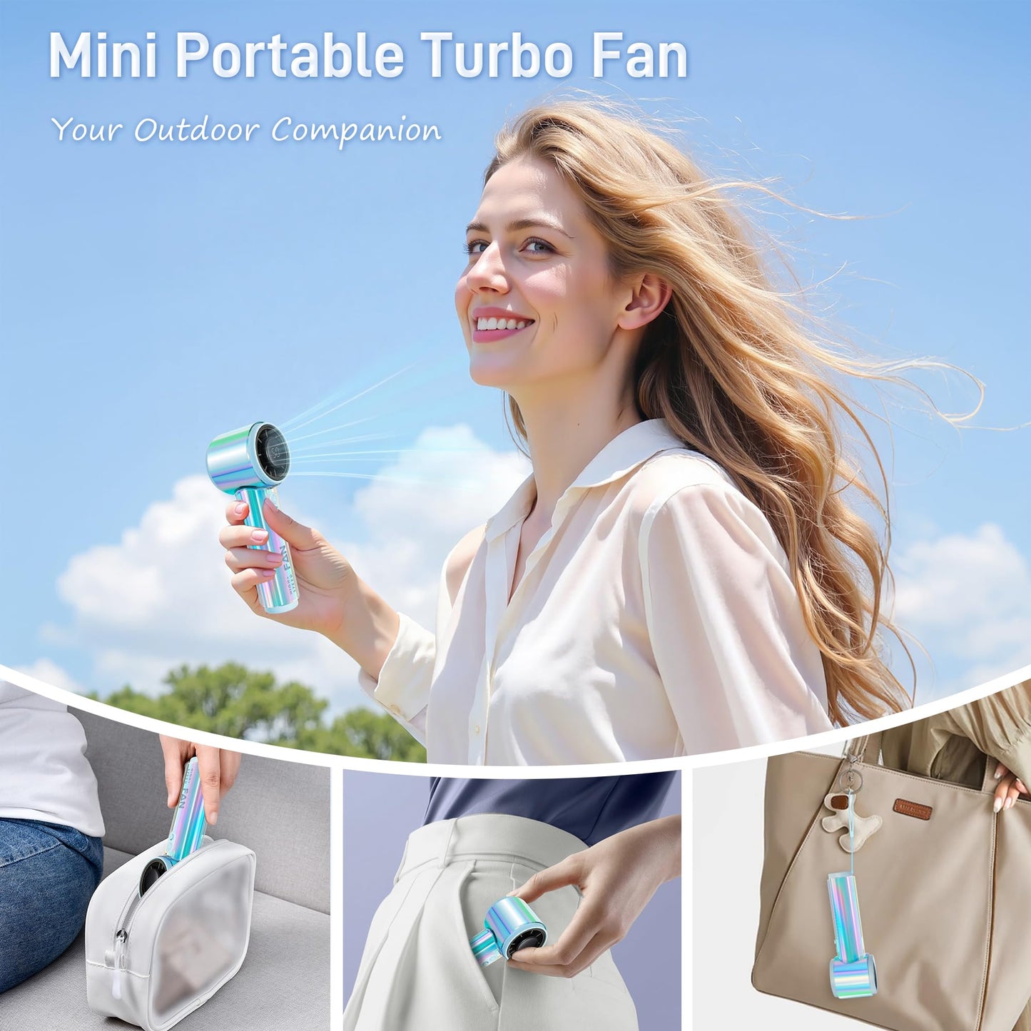 Portable Handheld Fan, Turbo Fan, Up to 10 Working Hours, 14000RPM High Speed, Rainbow Personal Pocket Design with 1-100 Speeds, Battery Rechargeable, Essentials for Women Beach Travel Outdoor Blue