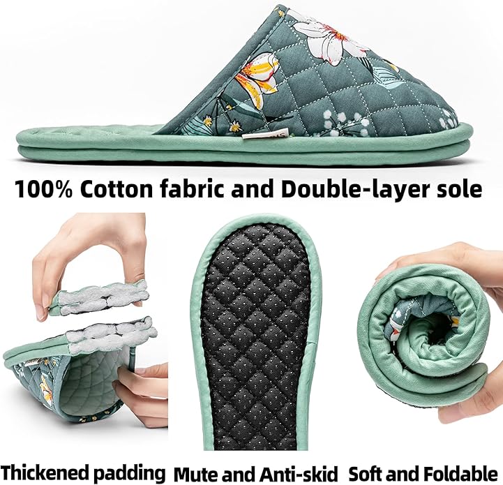 3 Pairs Floral Cotton House Slippers for Women, Open Toe Indoor Slippers Comfortable Washable Portable Foldable Guest Travel Hotel Airplane Spa Slippers