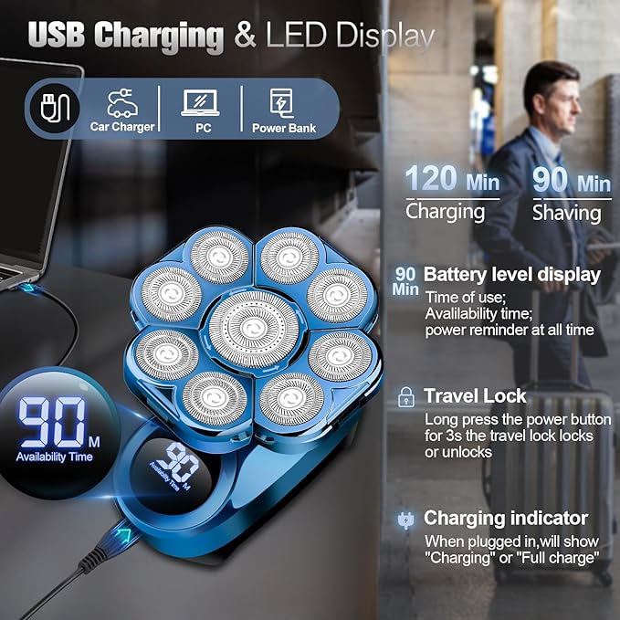 9D Electric Head Shaver for Bald Men, Upgraded 5-in-1 Waterproof Wet/Dry Grooming Kit Electric Shaver for Men, Cordless Rechargeable Bald Head Razor for Home&Travel