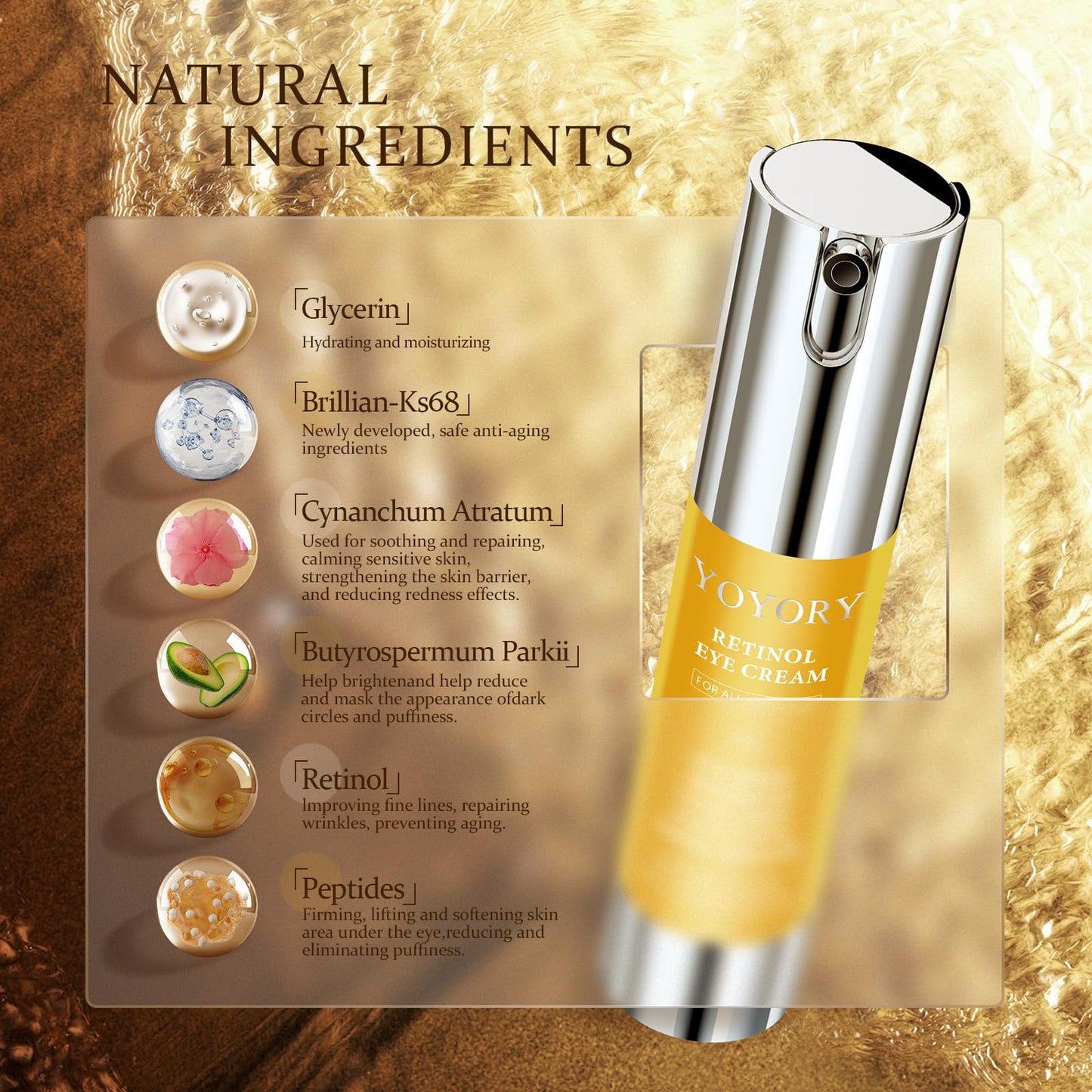 Retinol Under Eye Cream - Anti Aging Eye Cream for Dark Circles and Puffiness, Eye Bags, Wrinkles Fine Lines Skin Care Treatment Firming & Lifts for Man and Women - Gold 20ml