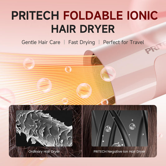 PRITECH 1250W Dual Voltage Travel Hair Dryer - Foldable Blow Dryer with Concentrator Diffuser,110V/220V Worldwide Use, Compact Lightweight Design, EU Plug Included