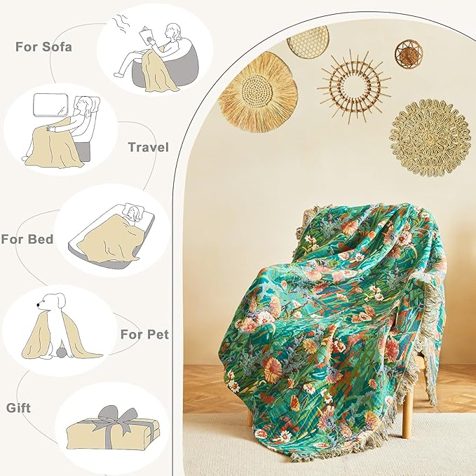 Boho Throw Blanket for Couch Sofa Chair Cotton Blankets for Bedroom Living Room All Season Soft Lightweight Reversible Floral Embroidery Throws 50"x60"