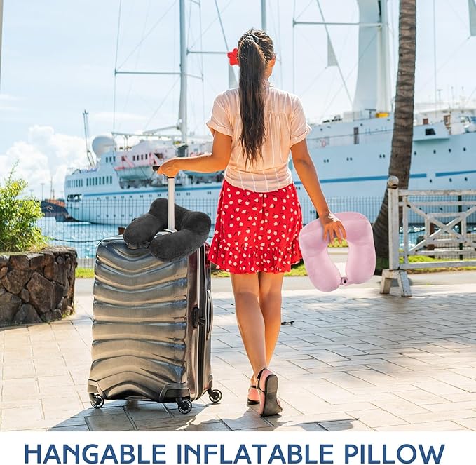 Sintuff 4 Sets Inflatable Travel Pillows for Airplanes with Compact Bag and Blindfold Velvet Inflatable Neck Pillow for Traveling Head Support U Shaped Flight, 12 x 12 x 5.5 Inch (Assorted Colors)