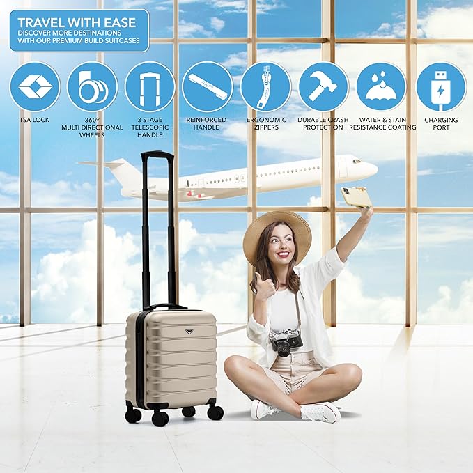 Carry On Suitcase Hardside Built In TSA Lock & USB Port Silent Double Spinner Wheels Maximum Underseat Carry-On Bag For American & United Approved Airlines( 18x14x8" ,Champagne )