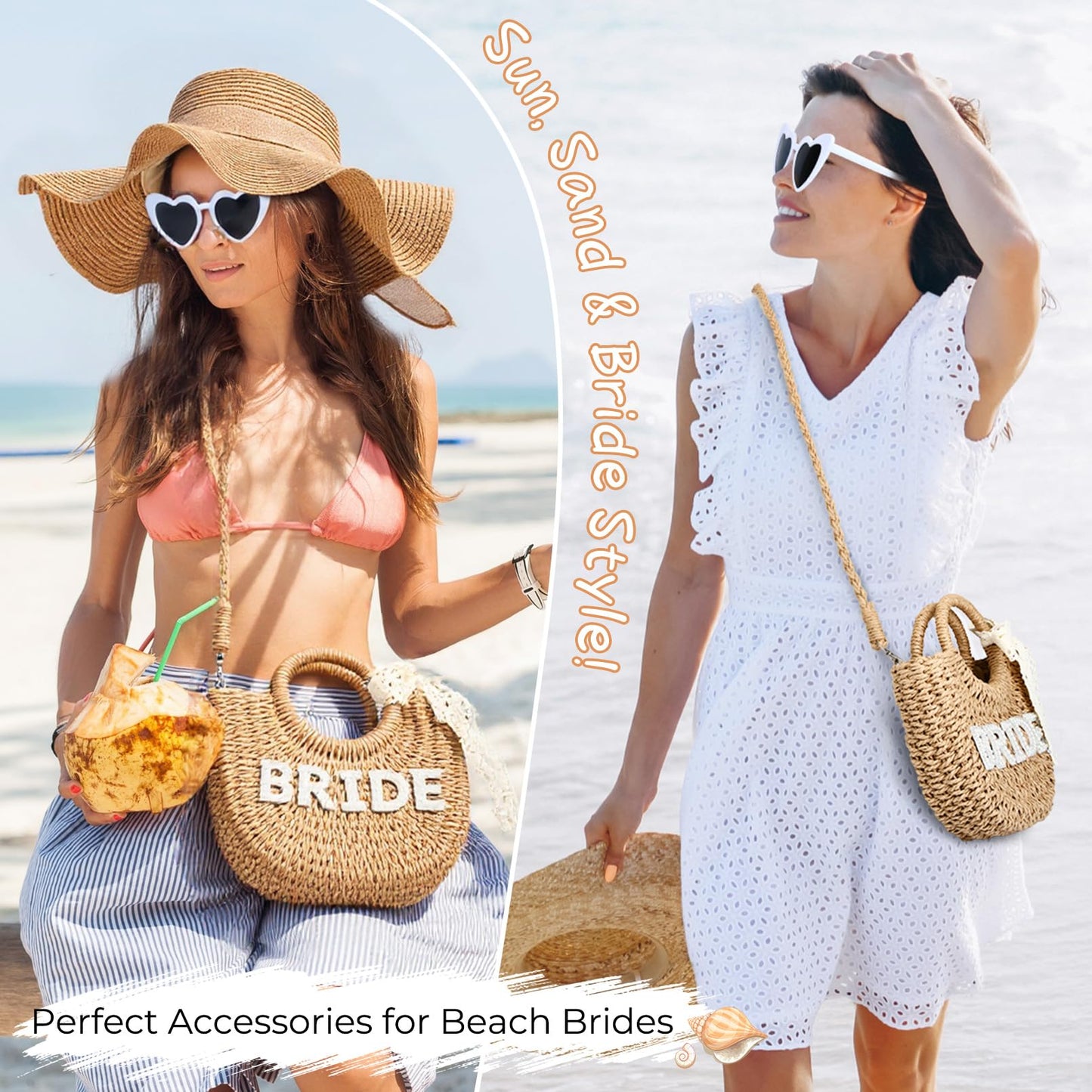 KUIRAN Bride Bag Bride Gift Set Straw Beach Bag Purse Handwoven Tote Bag with Rhinestone Letters Bachelorette Pary Gift Honeymoon Wedding Bridal Shower