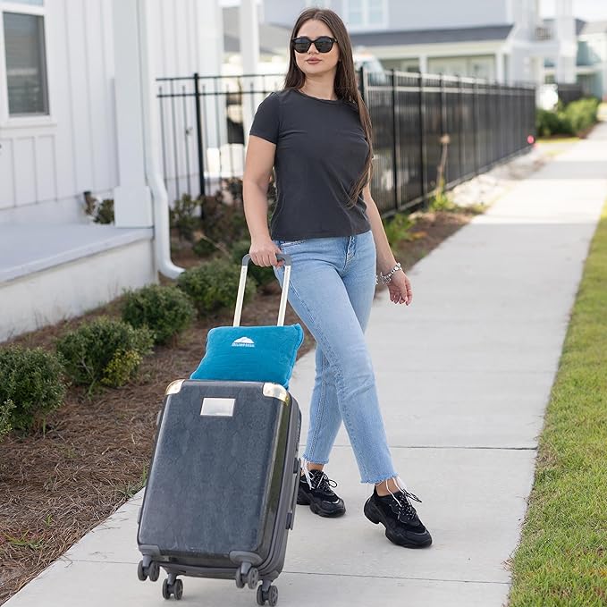 BlueHills Premium Soft Travel Blanket Pillow Airplane Blanket in Soft Bag case with Hand Luggage Belt and Carabiner Compact Pack Large Cozy Plane Car Train Teal Blue T022