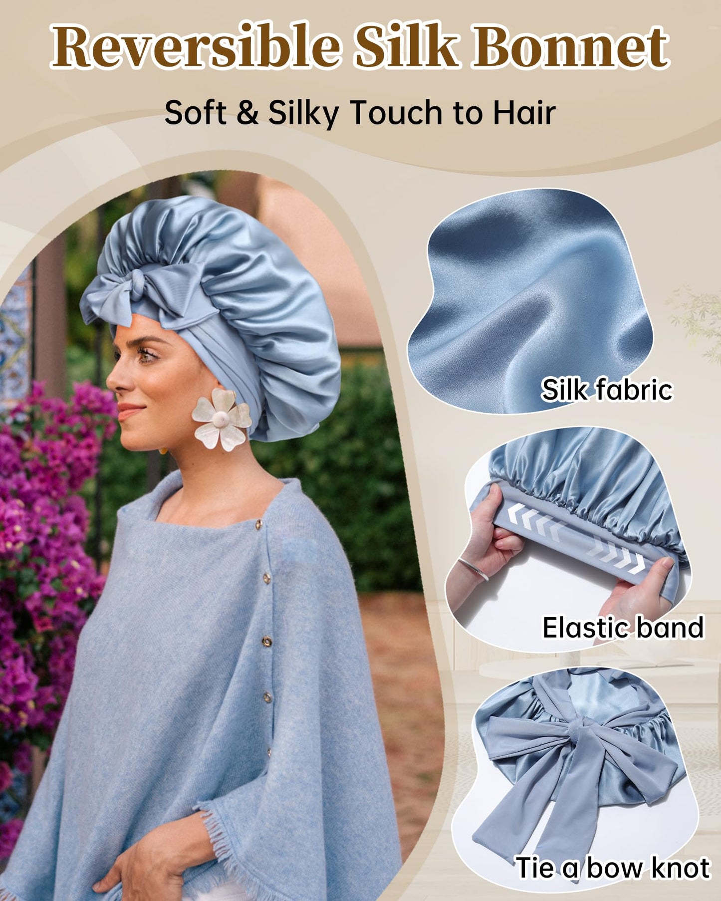 100% Mulberry Silk Bonnet for Sleeping Women Silk Hair Bonnet Elastic Tie Band with Silk Hair Scrunchies Silk Sleep Eye Mask(Mist Blue+Sky Blue)
