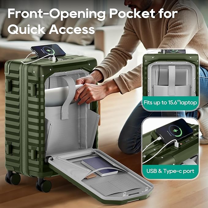 Joyway 20 Inch Carry on Luggage with Front Pocket, PC Hardshell Carry-on Suitcase with USB Port and Cup Holder, 21.5x14.2x9 Airline Approved, Luggage with Spinner Wheels and TSA Lock(Dark Green)