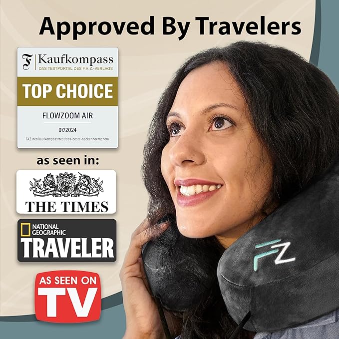 Air Inflatable Neck Pillow for Traveling on Plane - H-Shape Hooded Airplane Pillow with 5 Snooze Modes, Fast Inflation, Pressure Control, Cozy Clip-On Hood & Plushy Cover - Size L, Jet Black