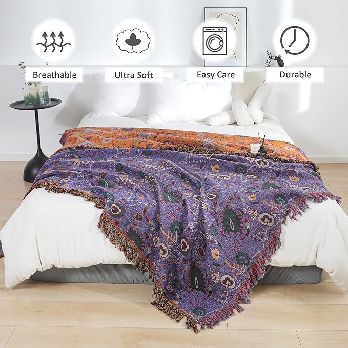 Boho Throw Blanket for Bed 100% Cotton Ultra Soft Rustic Quilt Farmhouse Decor Bed Fall Blanket,All Season Rustic Throw for Sofa Couch Chair (Flower-Purple, 80"×90")