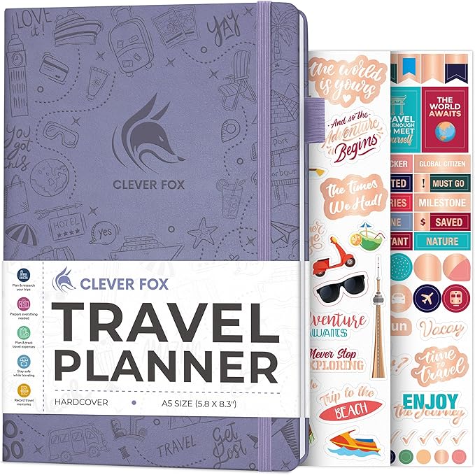Clever Fox Travel Journal – Vacation & Trip Organizer with Budget Plan, Packing List, Travelling Expense Tracker, A5 (Lavender)
