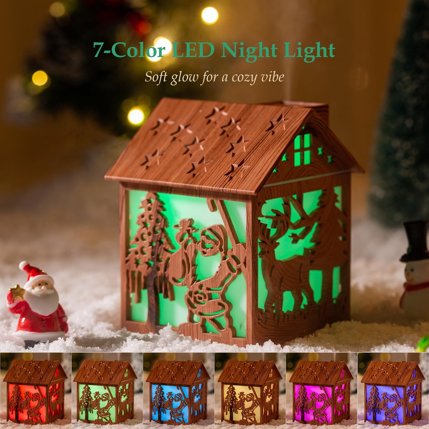 Mini Christmas Humidifier, 240ml Cool Mist Wooden House Humidifier with Santa Silhouette, 7-Color LED Lights, USB Powered, Quiet & Auto Shut-Off for Bedroom Home Office (Light Wood)