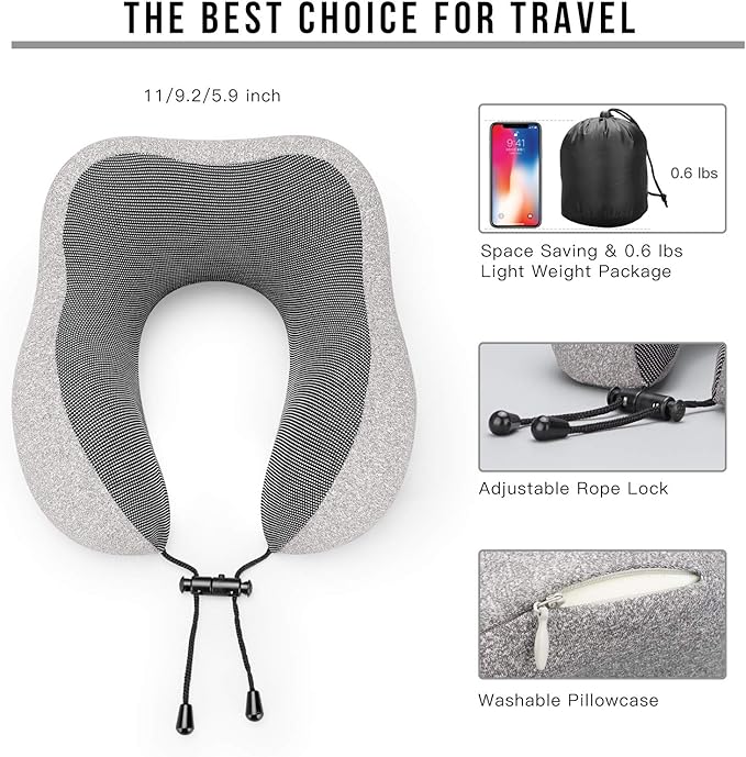 MLVOC Travel Pillow 100% Pure Memory Foam Neck Pillow, Comfortable & Breathable Cover, Machine Washable, Airplane Travel Kit with 3D Sleep Mask, Earplugs, and Luxury Bag,Standard (Grey)