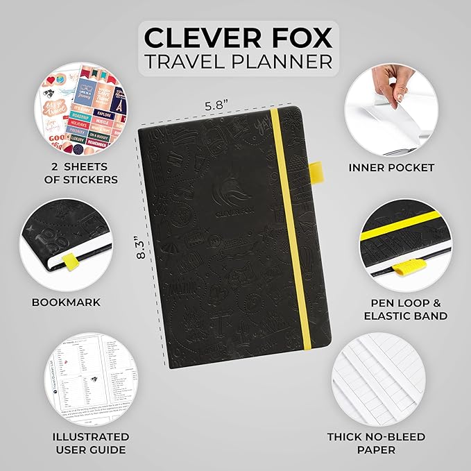 Clever Fox Travel Journal – Vacation & Trip Organizer with Budget Plan, Packing List, Travelling Expense Tracker, A5 (Black)