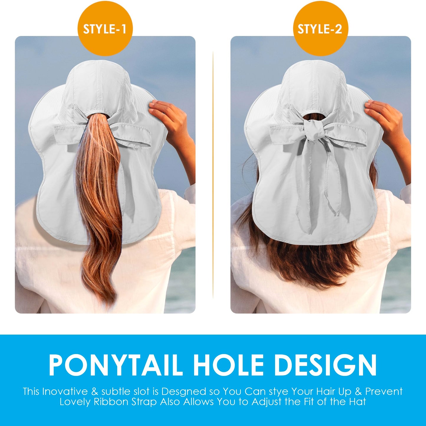 Womens Sun Hat UV Protection, Foldable Waterproof Wide Brim Bucket Hats with Neck Flap for Summer Beach Fishing Hiking Light Grey