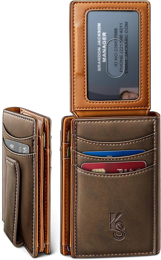 KEMISANT Men Wallet, Slim Leather Wallet Money Clip Magnetic Closure ID Windows 14Cards RFID Blocking