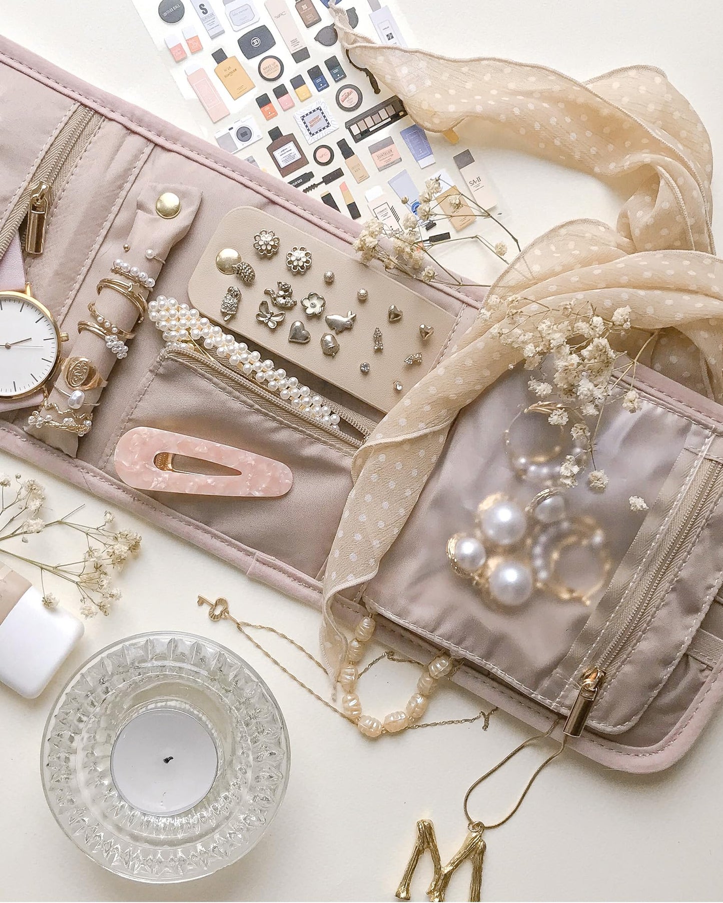 BAGSMART Travel Jewelry Organizer Case Foldable Jewelry Roll for Journey Rings, Necklaces, Earrings, Bracelets,Mini,Soft Pink