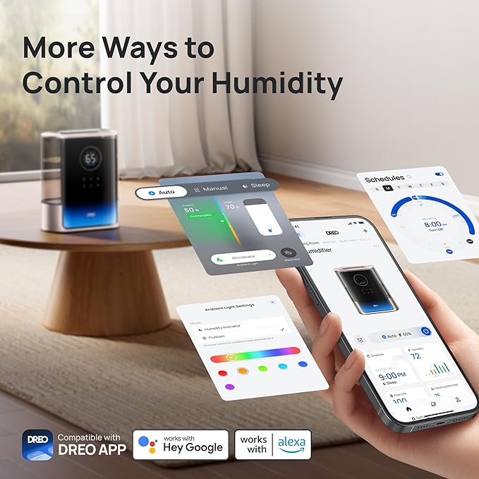 Dreo 8L Smart Humidifiers for Bedroom 600ft², 80H Runtime Warm&Cool Supersized Mist Humidifier for Large Room Indoor, Quiet Whole House humidifier for Baby, Plants, with Alexa/Google, Starlight,HM717S