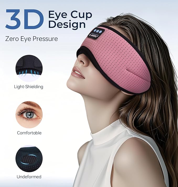 LC-dolida Bluetooth Sleep Mask with White Noise，Sleep Headphones,Bluetooth Wireless Music Eye Mask, Ideal for Travel, Night Work, Napping, Side Sleeping and Office Use for Both Men and Women(Pink)