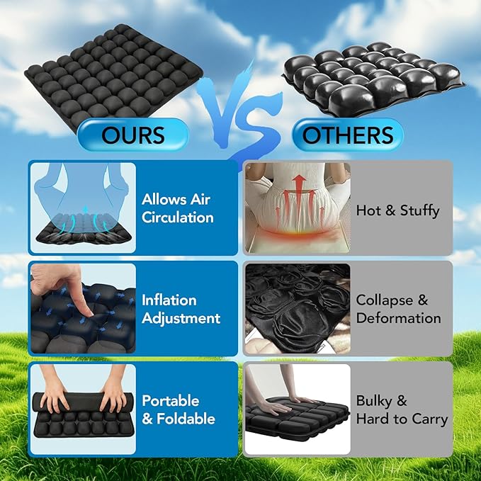 Air Inflatable Travel Seat Cushion, Portable Breathable Comfort Cushion, 56 Air Bubble Design for Airplane, Car, Office Chairs & Home Living – Lightweight & Ergonomic Support,18” x 16” (Black)