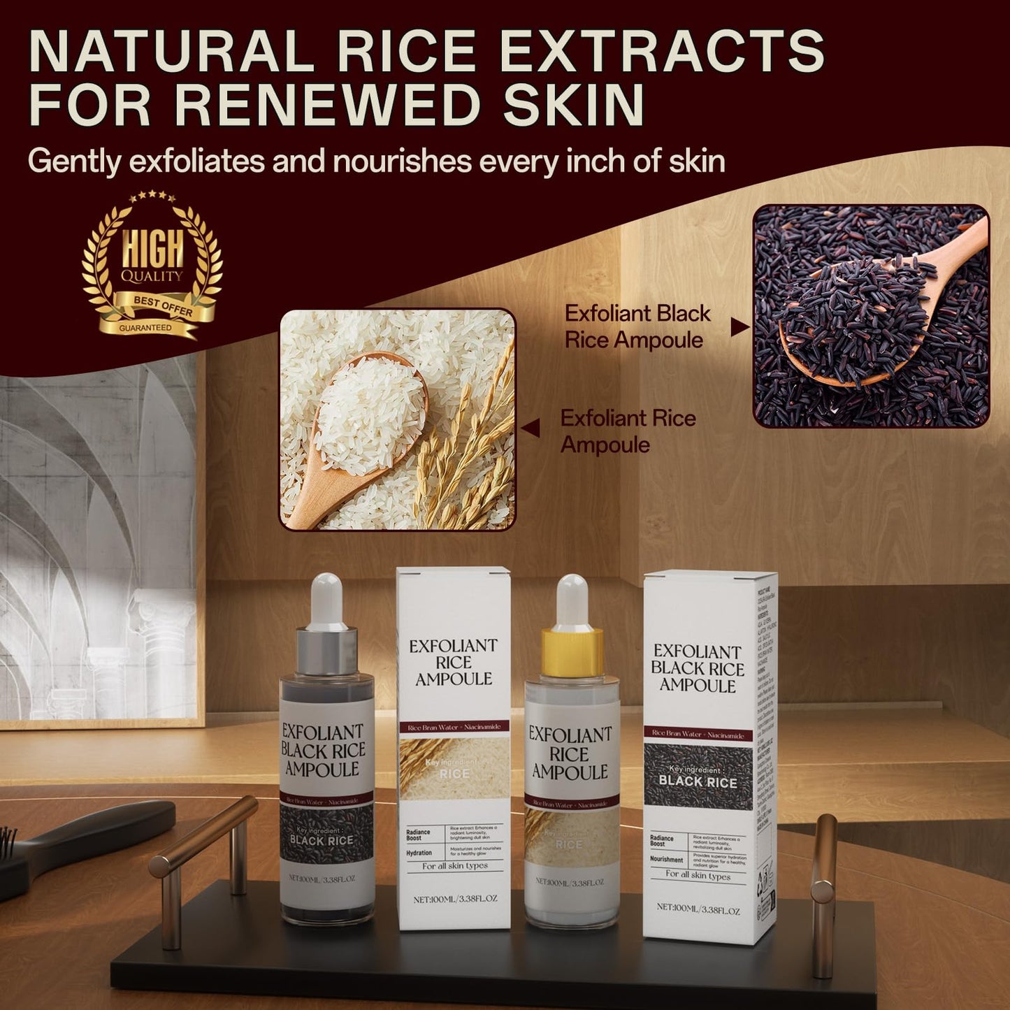 2-Pack Black & White Rice Exfoliating Ampoule, Gentle Rice Peel Facial & Body Treatment, Korean Skincare for All Skin Types with Dual Rice Enzymes