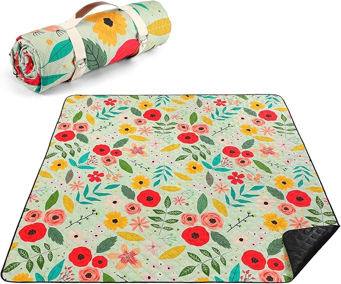 Beach Picnic Blanket Waterproof Sandproof Outdoor Blanket 80''x80'' Extra Large Floral Portable Machine Washable 3 Layer Thick Gingham Picnic Mat for Beach Camping Park Grass(Green)