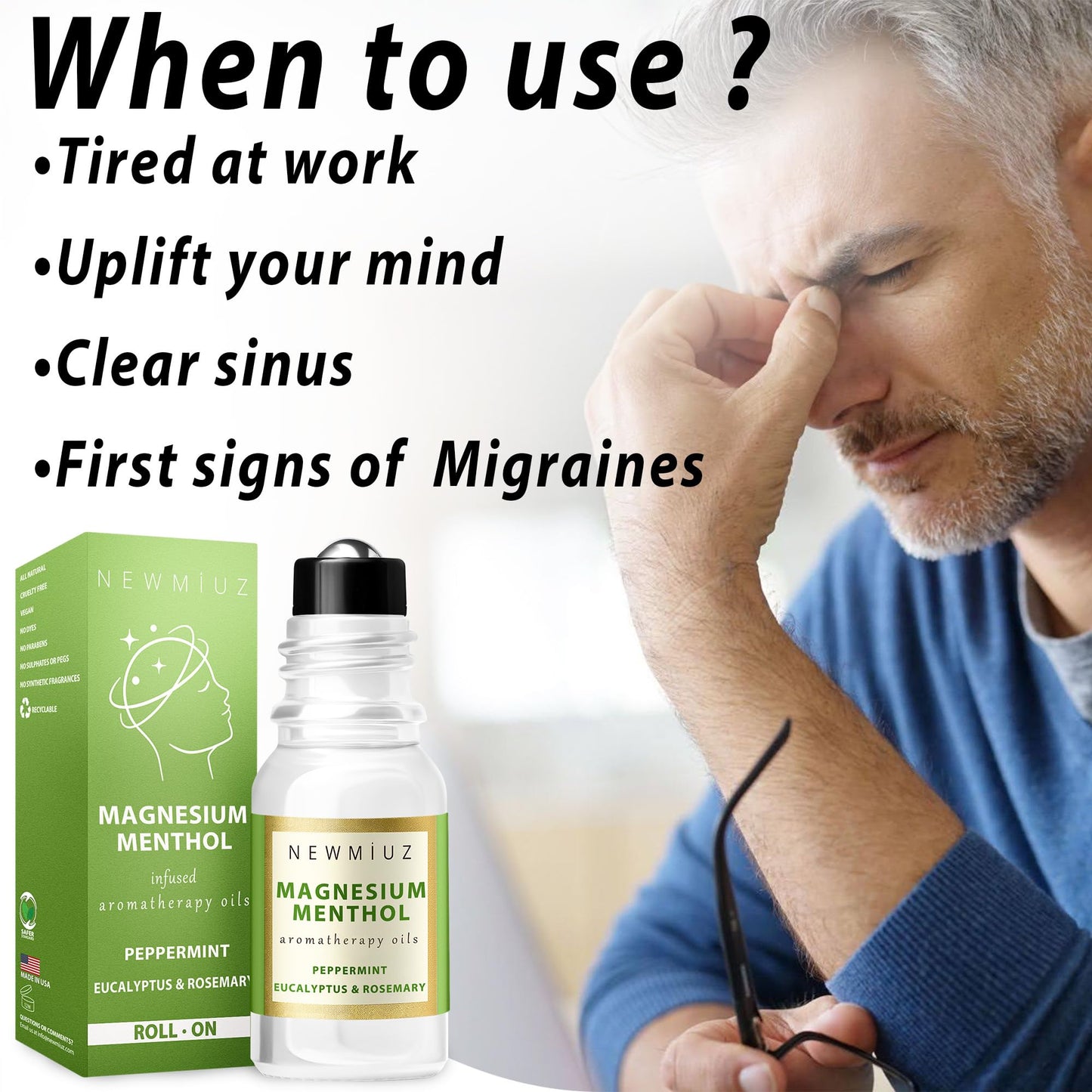 Magnesium Menthol Migraine Roll on Stick - Natural Fast Acting & Cooling Relief Peppermint Eucalyptus Aromatherapy Essential Oils for Headaches Sinus - Perfect Selfcare Gift Stocking Stuffers