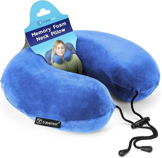 TRAVELREST Travel Essential Neck Pillow Curl - Memory Foam, Washable Micro-Fiber Cover, Soft and Comfortable Head Support for Long Flights, Compact, Attaches to Luggage, Airplanes, Cars, Bus - Blue