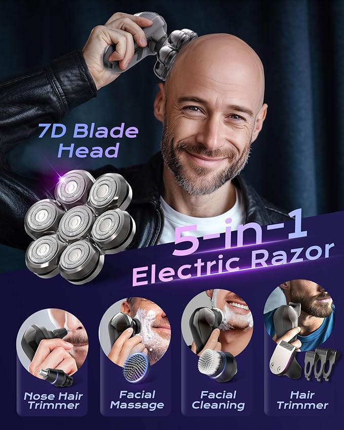 JIJ Head Shavers for Bald Men - 5-in-1 Electric Head Shaver Grooming Kit, 7D Floating Wet/Dry Electric Razor for Bald Heads with LED Smart Display, Turbo Speed & Type-C Charging (2000mAh)
