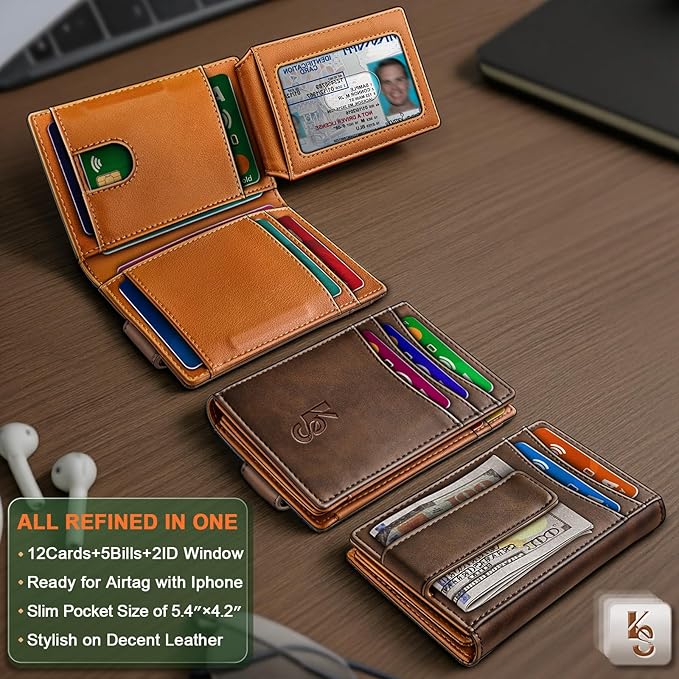 KEMISANT Men Wallet, Slim Leather Wallet Money Clip Magnetic Closure ID Windows 14Cards RFID Blocking