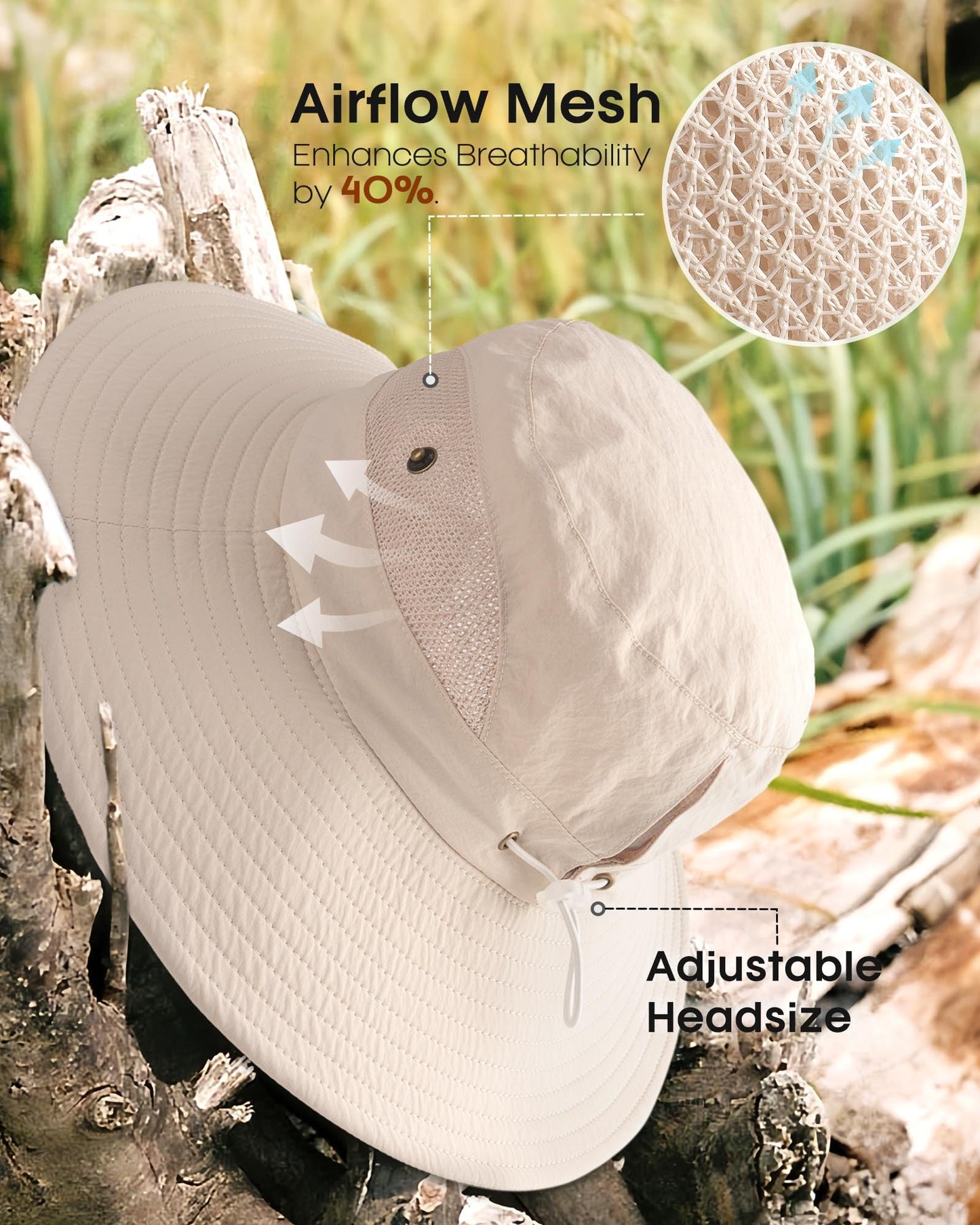 FURTALK Womens Sun Hat Beach Summer Wide Brim UPF 50+ Outdoor Protection Foldable Lightweight Ponytail Bucket Hat Beige, One Size