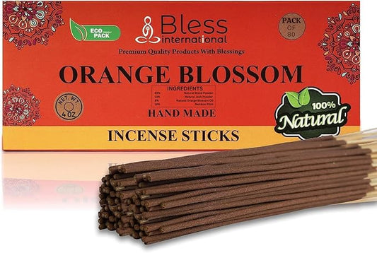Bless-Orange-Blossom 100%-Natural-Handmade-Hand-Dipped-Incense-Sticks Organic-Chemicals-Charcoal-Free Purification-Relaxation-Positivity-Yoga-Meditation Best-Woods-Scent (80 Sticks (4.20 OZ))